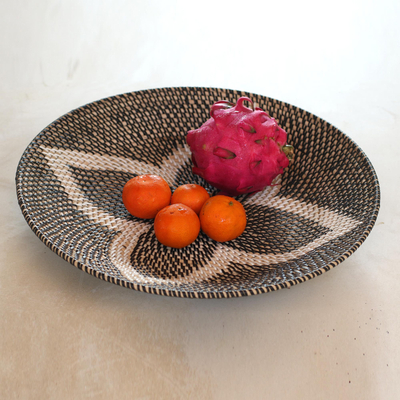 Woven bamboo round tray, 'Four Leaves in Black' - Bamboo Tray in Black from Bali
