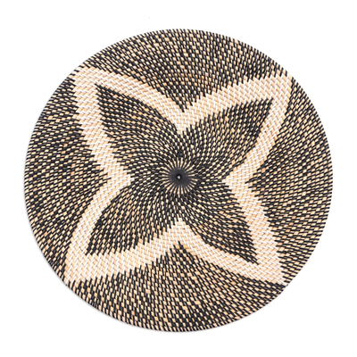 Woven bamboo round tray, 'Four Leaves in Black' - Bamboo Tray in Black from Bali