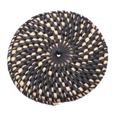 Woven bamboo coasters, 'Lombok Circles in Black' (set of 10) - Bamboo Coasters in Black from Bali (Set of 10)