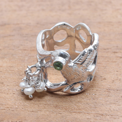 Cultured pearl and peridot cocktail ring, 'Soaring Free' - Cultured Pearl Peridot Sterling Silver Bird Cocktail Ring