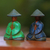 Wood figurines, 'Farmer Couple' (pair) - Green and Blue Wood Farmer Figurines from Bali (Pair)