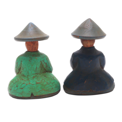 Wood figurines, 'Farmer Couple' (pair) - Green and Blue Wood Farmer Figurines from Bali (Pair)