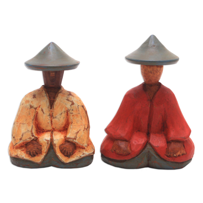 Wood figurines, 'Traditional Couple' (pair) - Red and Yellow Wood Farmer Figurines from Bali (Pair)