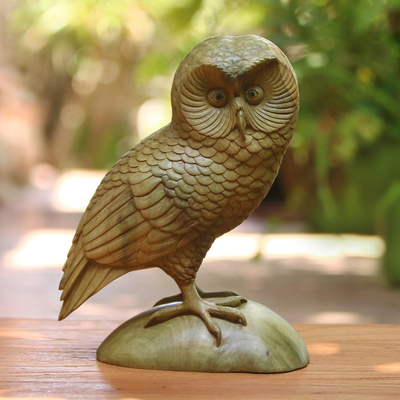 Wood sculpture, 'Intelligent Owl' - Hand-Carved Hibiscus Wood Owl Sculpture from Bali