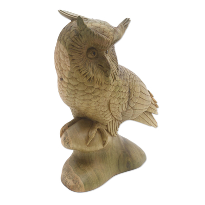 Wood sculpture, 'Focused Owl' - Hand-Carved Hibiscus Wood Sculpture of a Focused Owl