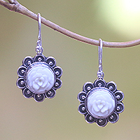 Sterling silver and bone dangle earrings, 'Pure Flower' - Hand-Carved Sterling Silver and Bone Dangle Earrings