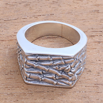 Sterling silver signet ring, 'Sacred Bamboo' - Bamboo Motif Sterling Silver Signet Ring from Bali