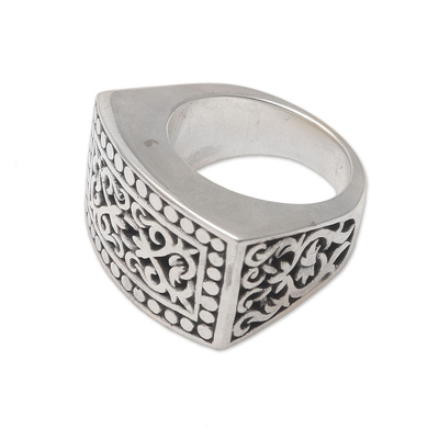 Patterned Sterling Silver Signet Ring from Bali - Balinese Shield | NOVICA