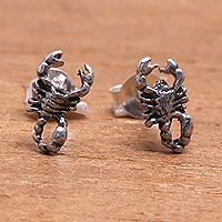 Sterling silver stud earrings, 'Bedugul Scorpion'