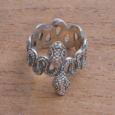 Sterling silver band ring, 'Snake Twins' - Sterling Silver Snake Band Ring from Bali