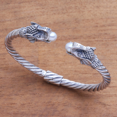Cultured pearl cuff bracelet, 'Elephant Glow' - Cultured Pearl Elephant Cuff Bracelet from Bali