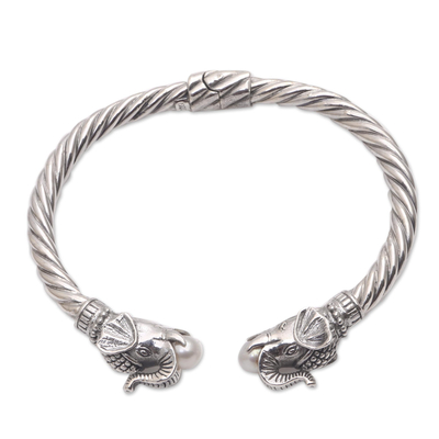 Cultured pearl cuff bracelet, 'Elephant Glow' - Cultured Pearl Elephant Cuff Bracelet from Bali