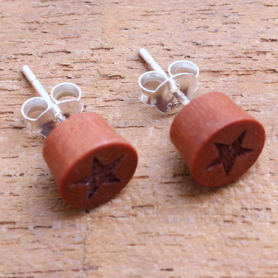 Wood stud earrings, 'Fascinating Stars' (small) - Star Motif Sawo Wood Stud Earrings from Bali (Small)