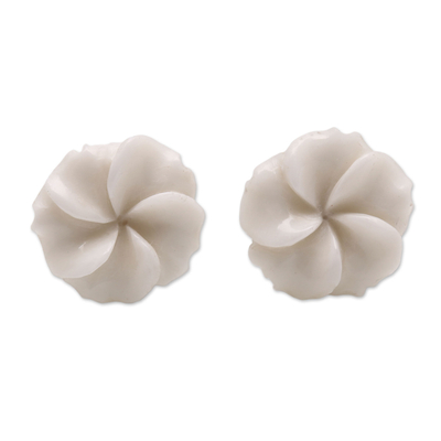 Bone stud earrings, 'Glorious Jepun' - Frangipani Flower Bone Stud Earrings from Bali
