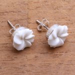 Bone stud earrings, 'Glorious Jepun' - Frangipani Flower Bone Stud Earrings from Bali