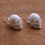 Bone stud earrings, 'Trunyan Skulls' - Skull-Shaped Bone Stud Earrings Crafted in Bali