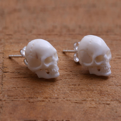 Bone stud earrings, 'Trunyan Skulls' - Skull-Shaped Bone Stud Earrings Crafted in Bali