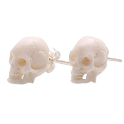 Bone stud earrings, 'Trunyan Skulls' - Skull-Shaped Bone Stud Earrings Crafted in Bali