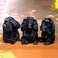 Wood sculptures, 'Helpful Monkeys' (set of 3) - Hand-Carved Monkey Maxim Sculptures from Bali (Set of 3)