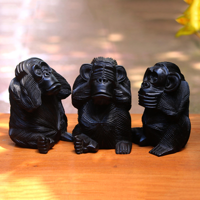 Wood sculptures, 'Helpful Monkeys' (set of 3) - Hand-Carved Monkey Maxim Sculptures from Bali (Set of 3)