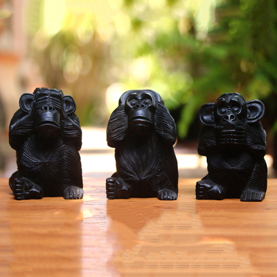 Holzskulpturen, (3er-Set) - Handgeschnitzte Affen-Maxim-Skulpturen aus Bali (3er-Set)