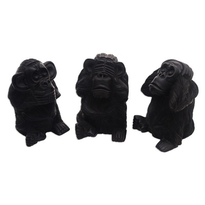 Wood sculptures, 'Helpful Monkeys' (set of 3) - Hand-Carved Monkey Maxim Sculptures from Bali (Set of 3)