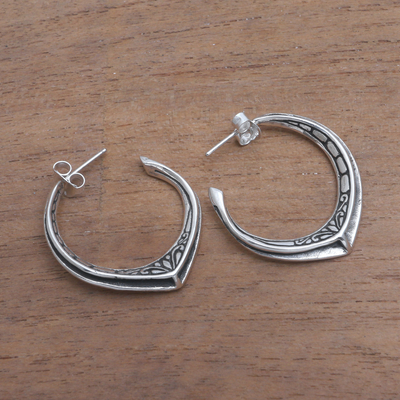 Sterling silver half-hoop earrings, 'Courage Textures' - Patterned Sterling Silver Half-Hoop Earrings from Bali