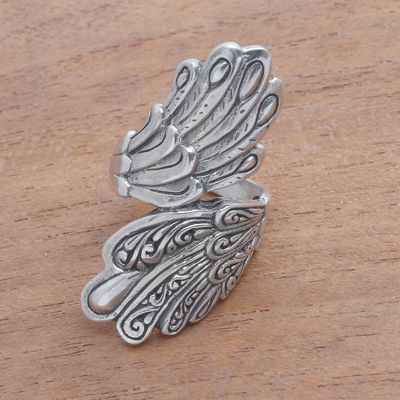 Sterling silver cocktail ring, 'Feathers of Wisdom' - Feather Motif Sterling Silver Cocktail Ring from Bali