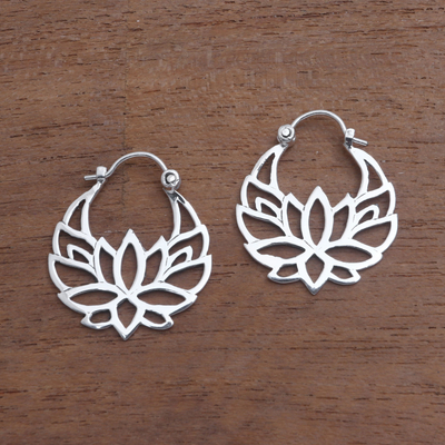 Sterling silver hoop earrings, 'Elegant Padma' (1 inch) - Sterling Silver Lotus Flower Hoop Earrings (1 inch)