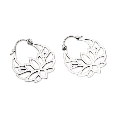 925 Sterling Silver Hoop Earrings Lotus Flower Petal Inset Geometric Design 652 