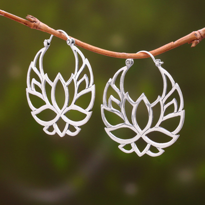 Sterling silver hoop earrings, 'Elegant Padma' (1.5 inch) - Sterling Silver Lotus Flower Hoop Earrings (1.5 inch)
