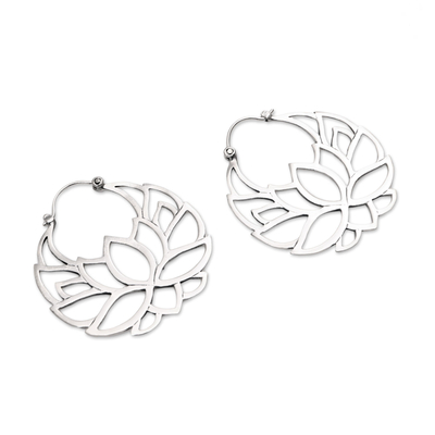 Aretes de aro de plata esterlina, (1.5 pulgadas) - Pendientes de aro de plata de ley con flor de loto (1,5 pulgadas)