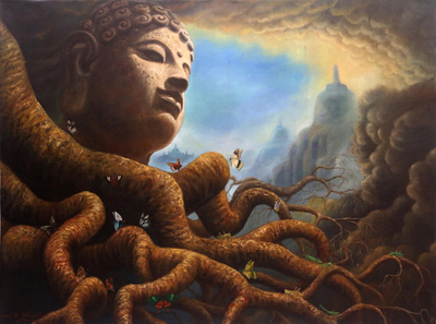 Signed Buddha-Themed Surrealist Painting from Java (2016)