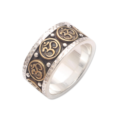 Men's sterling silver and brass band ring, 'Blessed Omkara' - Men's Sterling Silver and Brass Om Band Ring from Bali