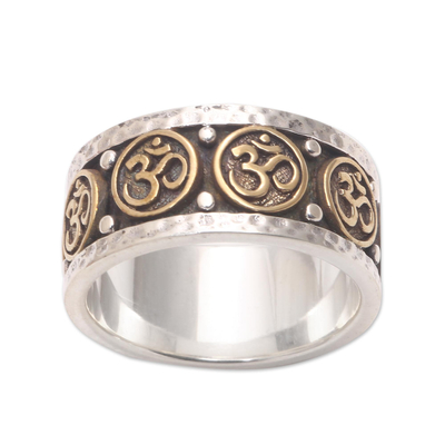 Men's sterling silver and brass band ring, 'Blessed Omkara' - Men's Sterling Silver and Brass Om Band Ring from Bali