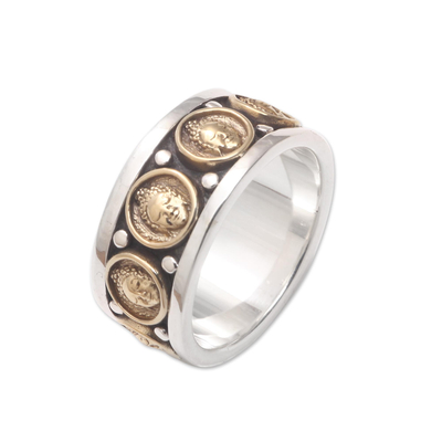 Men's sterling silver and brass band ring, 'Buddha Meditation' - Men's Sterling Silver and Brass Buddha Band Ring from Bali