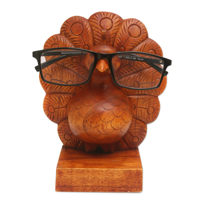 Wood eyeglasses holder, 'Little Peacock' - Wood Peacock Eyeglasses Holder from Bali