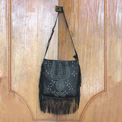 Leather shoulder bag, 'Black Java Stars' - Constellation Motif Leather Shoulder Bag in Black from Bali