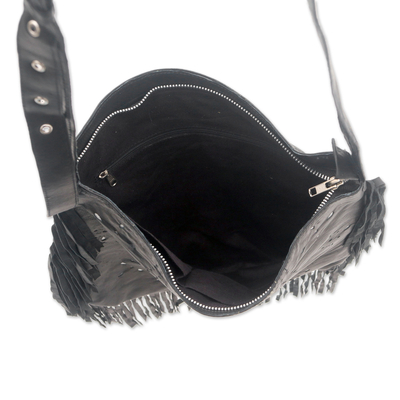 Leather shoulder bag, 'Black Java Stars' - Constellation Motif Leather Shoulder Bag in Black from Bali
