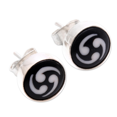 Bone stud earrings, 'Tribal Wonder' - Black and White Bone Stud Earrings from Bali