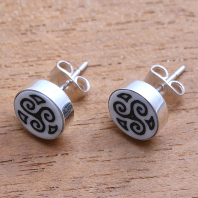Bone stud earrings, 'Tribal Symmetry' - Spiral Motif Bone Stud Earrings from Bali