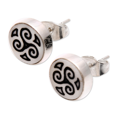 Bone stud earrings, 'Tribal Symmetry' - Spiral Motif Bone Stud Earrings from Bali