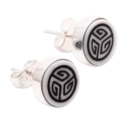 Bone stud earrings, 'Tribal Maze' - Bone Stud Earrings with Tribal Motifs from Bali