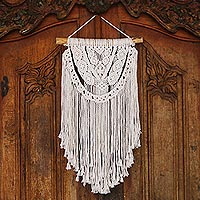Handmade Cotton Wall Hanging with Fringe from Bali,'Tegalalang Knot'