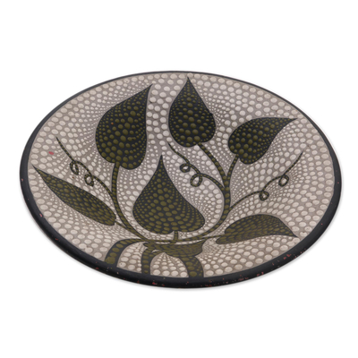 Ceramic decorative bowl, 'Dark Leaves' - Leaf Motif Ceramic Decorative Bowl from Bali