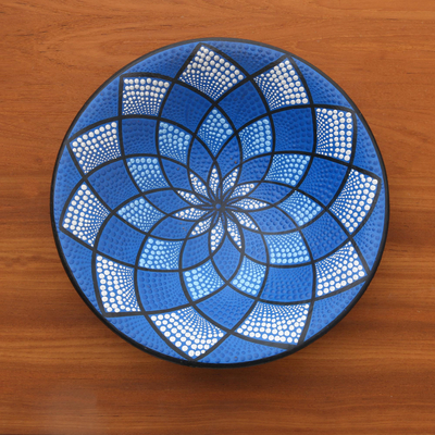 Ceramic decorative bowl, 'Blue Symmetry' - Hand-Painted Ceramic Decorative Bowl in Blue from Bali
