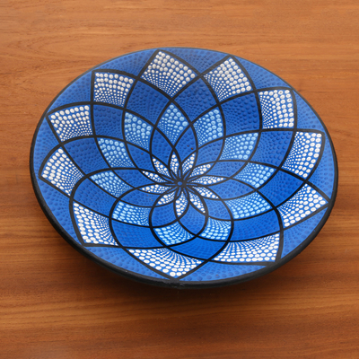 Ceramic decorative bowl, 'Blue Symmetry' - Hand-Painted Ceramic Decorative Bowl in Blue from Bali