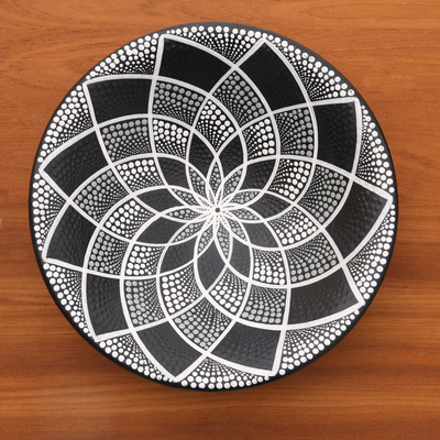 Ceramic decorative bowl, 'Symmetrical Design' - Ceramic Decorative Bowl in Black and White from Bali