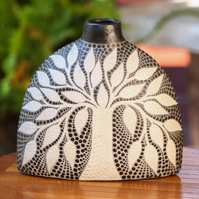 Ceramic decorative vase, 'White Tree' - Hand-Painted Tree Ceramic Decorative Vase from Bali
