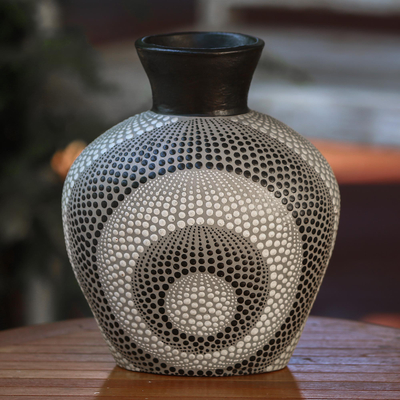 Ceramic decorative vase, 'Concentric Shadows' - Black and White Ceramic Decorative Vase from Bali